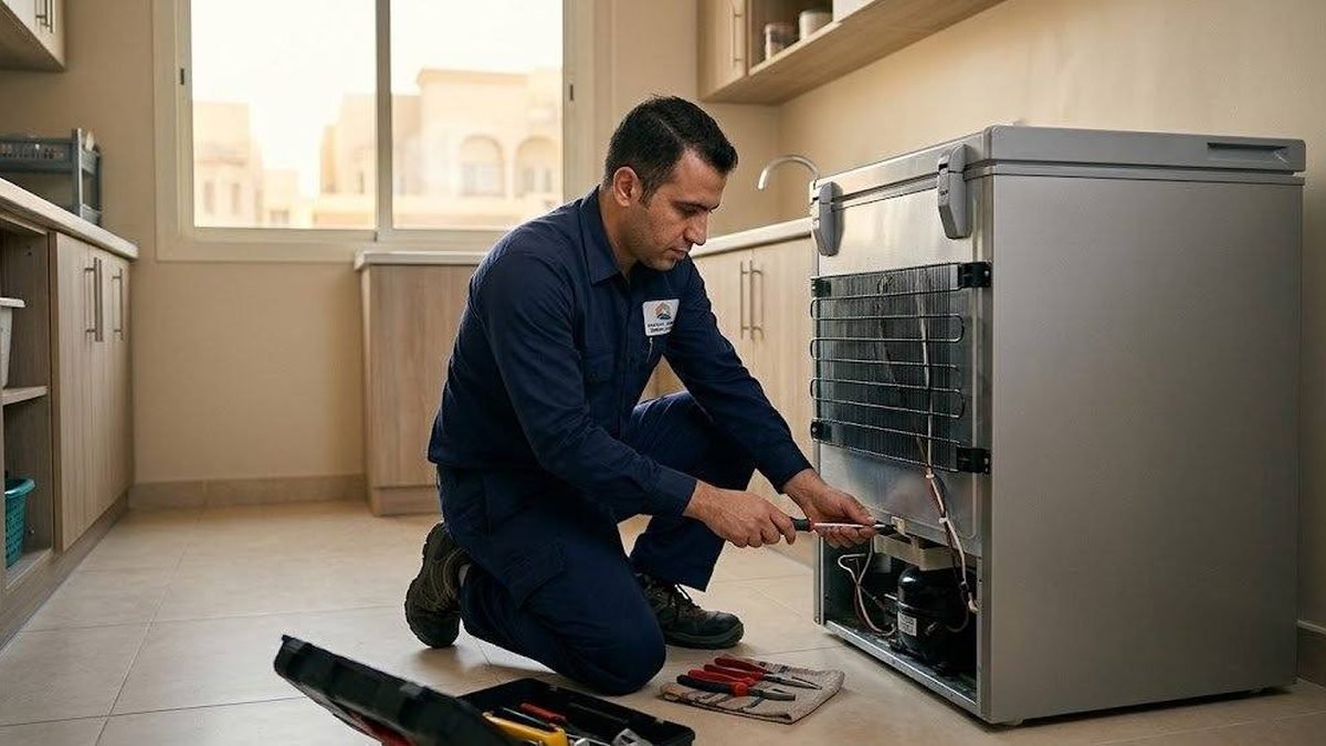 فني يعمل على دورة تبريد ثلاجة لكشف تسريب الفريون بالكويت