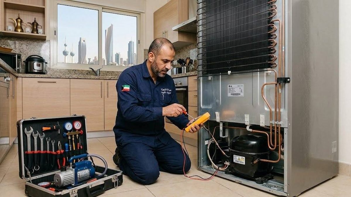 فحص ملف تكثيف ثلاجة لا تبرد بجهاز قياس بالكويت